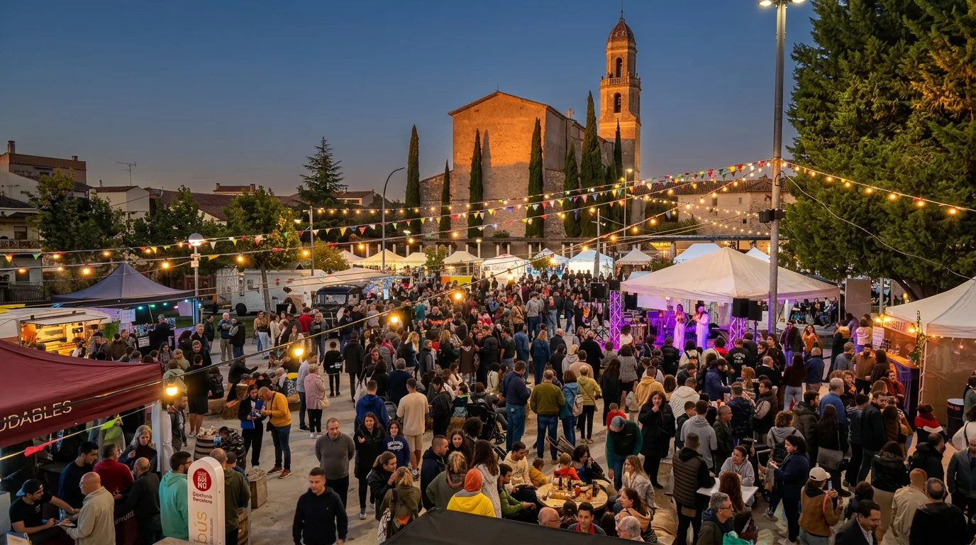 La Plaça Lluís Companys plena de gent sota les garlandes de llums, amb el campanar al fons